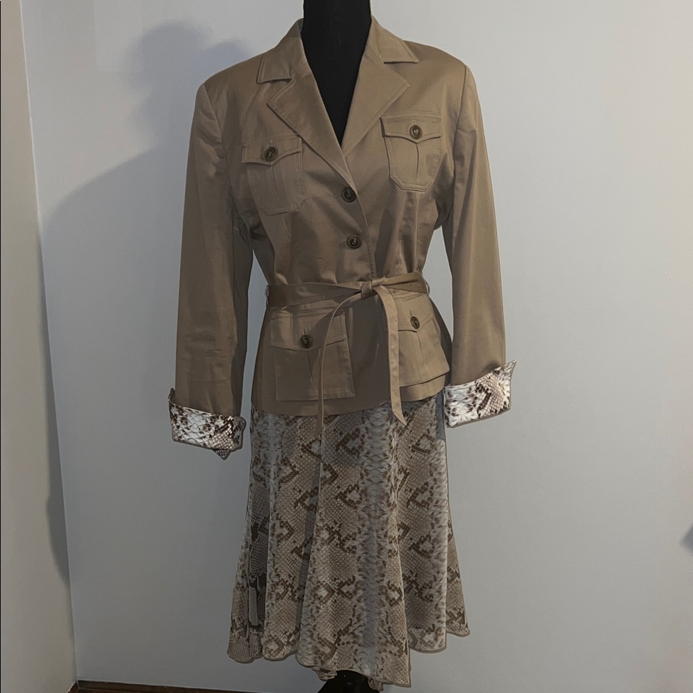 Chic Tan Belted Jacket with Snakeskin Skirt and Matching Suit Cuggs
